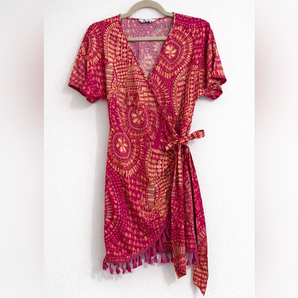 Boho Pink Wrap Cover-Up – Lightweight Tassel Hem | Size Medium